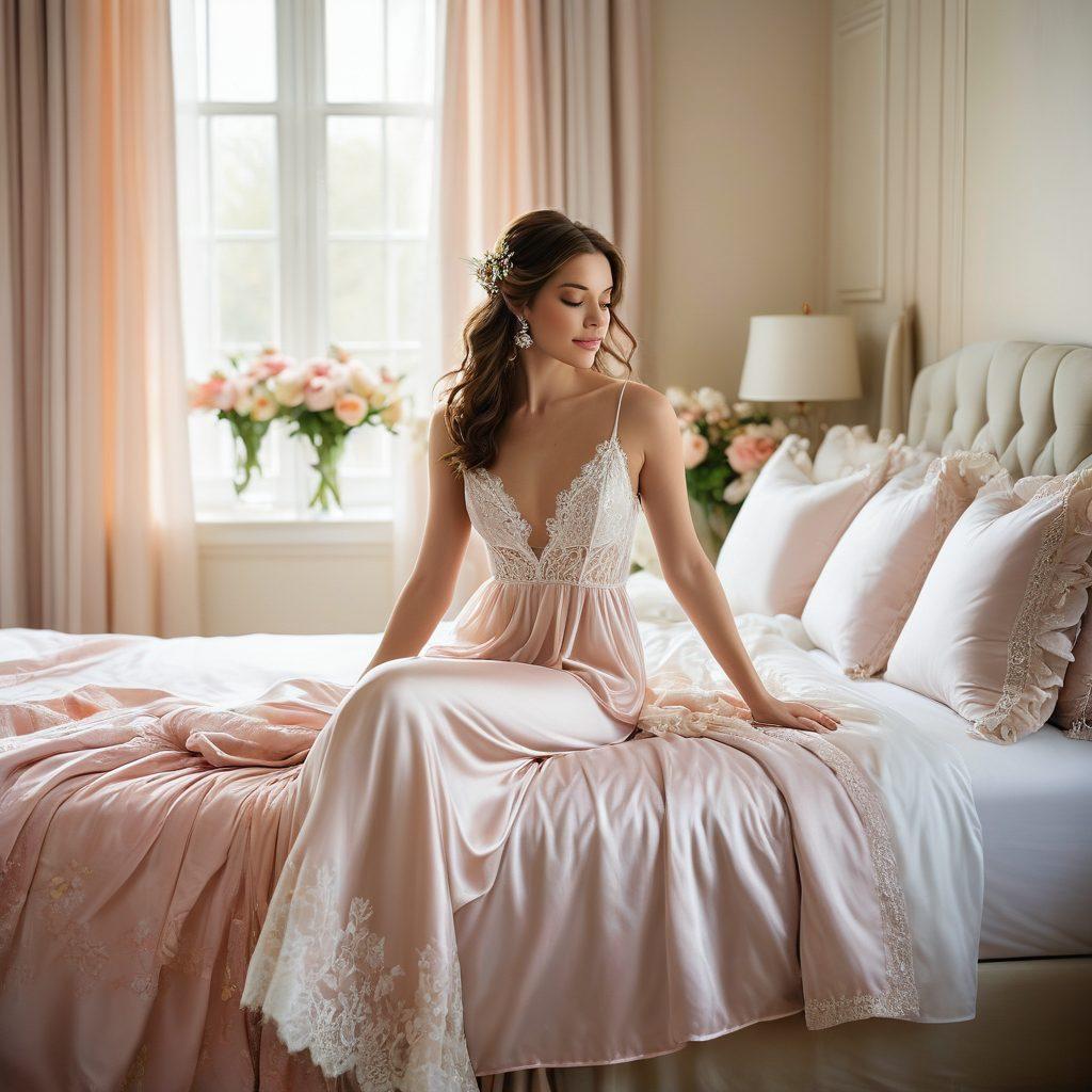 A luxurious bedroom setting showcasing a beautifully arranged collection of elegant intimates, including delicate lace slips, silky robes, and stunning bridal lingerie on a plush bed. Soft natural light filters through sheer curtains, illuminating the intricate details and textures of the fabrics. Incorporate a bouquet of fresh flowers in soft pastel tones to represent bridal bliss. The overall atmosphere exudes sophistication and romance. super-realistic. vibrant colors. soft lighting.